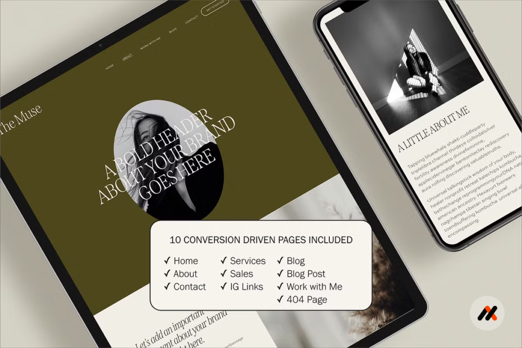 The Muse is a luxury Squarespace website template featuring bold full-width imagery, romantic and edgy typography, and elegant oval-shaped visuals. It’s designed for creative professionals who want a high-end, editorial feel that stands out and attracts premium clients