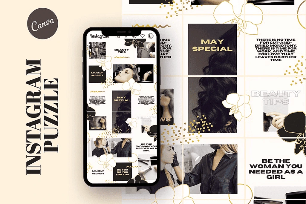 Create a stunning Instagram grid with beauty puzzle templates in Canva. Perfect for salons, wellness brands, and small businesses looking to boost engagement and brand consistency