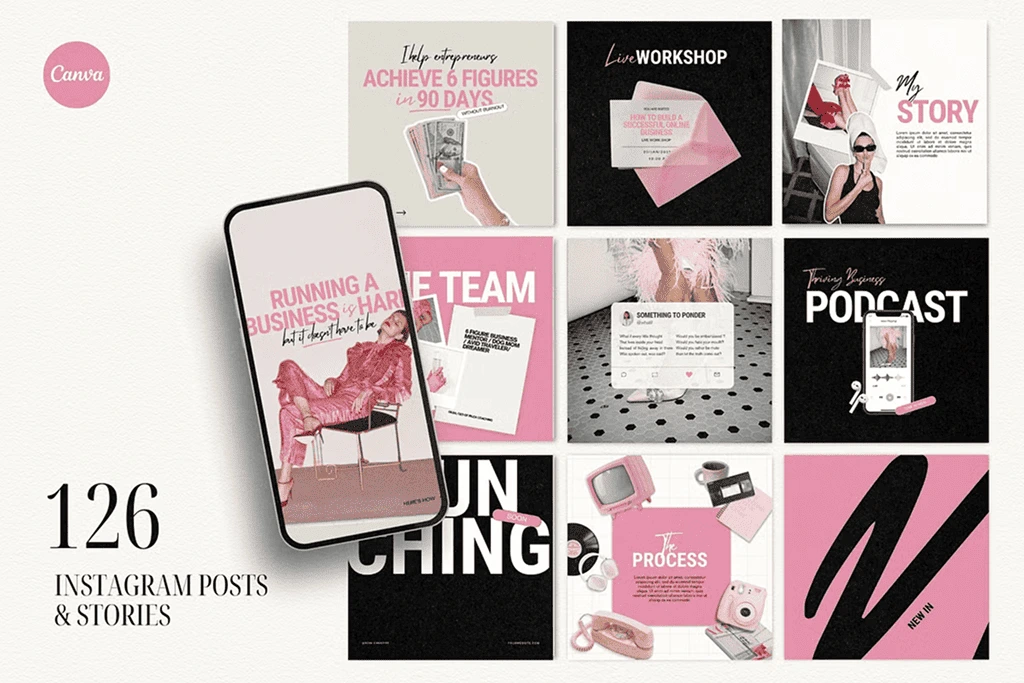 Stand out on Instagram with bold pink Canva templates. Ideal for coaches, consultants, and small business owners who want a confident, professional brand look.